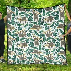 Cute Sloths Tropical Palm Leaves White Background DHCDHC DT1910 Quilt Blanket