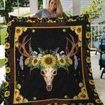 deer skull wearing sunflower wreath quilt blanket great customized gifts for birthday christmas 0