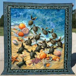 Green Turtle Hatchlings On The Beach Quilt Blanket Great Customized Blanket Gifts For Birthday Christmas Thanksgiving