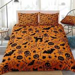 halloween cute skulls pumpkins bats pattern orange bed sheets spread comforter duvet cover bedding