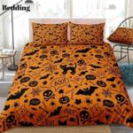 halloween skull and bats orange cotton bed sheets spread comforter duvet cover bedding sets