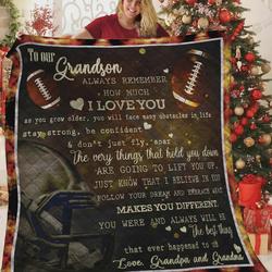 Personalized Football To My Grandson Quilt Blanket From Grandpa And Grandma Everything Hold You Down Are Gonna Lift You Up Great Customized Blanket Gifts For Birthday Christmas Thanksgiving