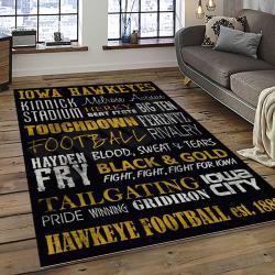 ncaa iowa hawkeyes college sport basketball and foolball team logo rectangle area rug dark room iwh04