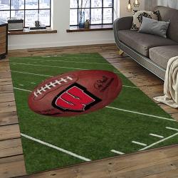 ncaa wisconsin badgers college sport basketball and foolball team logo rectangle area rug dark room wb09