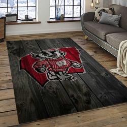 ncaa wisconsin badgers college sport basketball and foolball team logo rectangle area rug dark room wb12