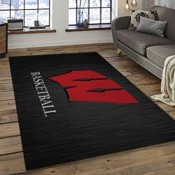 ncaa wisconsin badgers college sport basketball and foolball team logo rectangle area rug dark room wb17