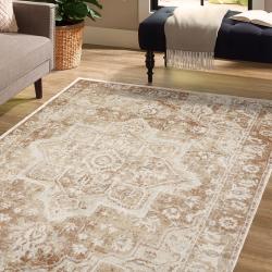 faded neutral oriental rug distressed cream medallion traditional farmhouse decor area rug living room