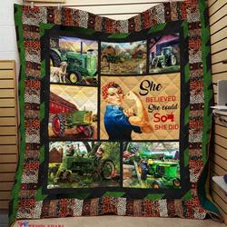 Girl Farmer And Green Tractor Quilt Jar