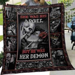 Skull Husband And Wife She Was His Angel Quilt Blanket Great Customized Gifts For Birthday Christmas Thanksgiving Wedding ValentineS Day