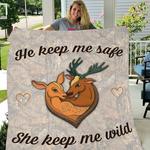 soft throw beautiful deer quilt gift for deer hunter he keep me safe she keep me wild premium quilt