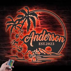 beach house hawaiian flower scene custom metal wall art led light 2
