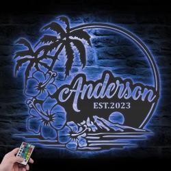 beach house hawaiian flower scene custom metal wall art led light 3