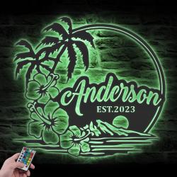 beach house hawaiian flower scene custom metal wall art led light 4