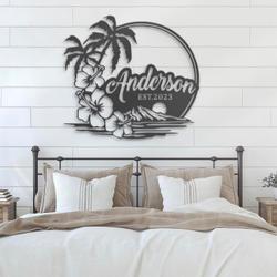 beach house hawaiian flower scene custom metal wall art led light 5