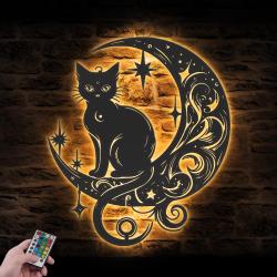 black cat moon wall art led light