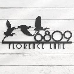 Blue Heron Flying House Number Custom Metal Address Sign Bird Home Number