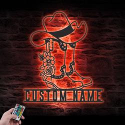 Boots And Hat Cowgirl Custom Metal Wall Art LED Light Dallas Western Name Sign
