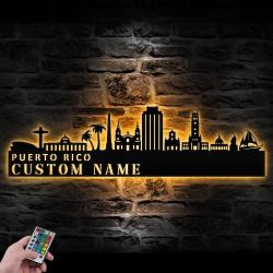 Boricua Puerto Rico City Skyline Custom Metal Wall Art LED Light