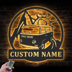 bus camping car custom metal wall art led light hippie bus van name sign 2