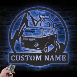 bus camping car custom metal wall art led light hippie bus van name sign 5