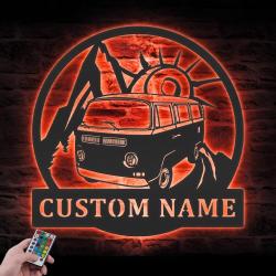 bus camping car custom metal wall art led light hippie bus van name sign 6
