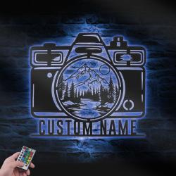 camera mountain forest custom metal wall art led light photographer name sign 3