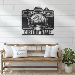 camera mountain forest custom metal wall art led light photographer name sign 4