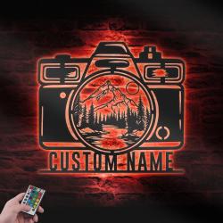 camera mountain forest custom metal wall art led light photographer name sign 5