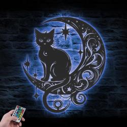 Black Cat On The Moon Metal Wall Art with LED Light