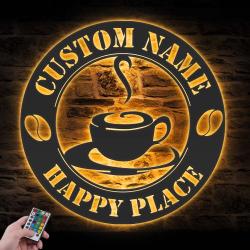 Coffee Bar Custom Metal Wall Art LED Light Coffee Shop Name Sign