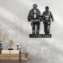 couple firefighter custom metal wall art led light fireman name sign 4