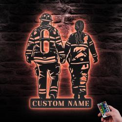couple firefighter custom metal wall art led light fireman name sign 5