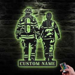 couple firefighter custom metal wall art led light fireman name sign 6