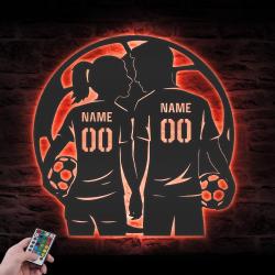 couple soccer custom metal wall art led light football player lover sign 2