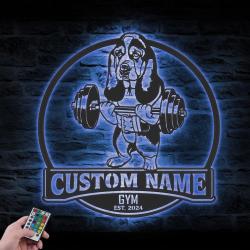 Custom Basset Hound Dog Lifting A Weight Metal Wall Art LED Light