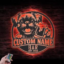 Custom Funny Brussels Griffon Thirsty Beer Pub Metal Wall Art LED Light
