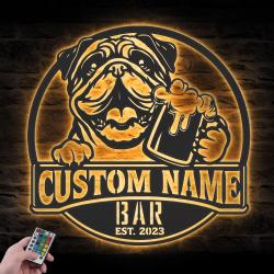 Custom Funny English Bulldog Thirsty Beer Pub Metal Wall Art LED Light