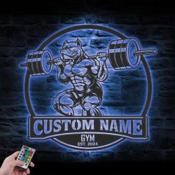 Custom Pitbull Dog Lifting A Weight Metal Wall Art LED Light