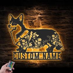 Custom FLoral Cardigan Welsh Corgi Metal Wall Art LED Light
