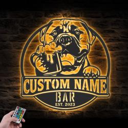 Custom Funny Bullmastiff Thirsty Beer Pub Metal Wall Art LED Light
