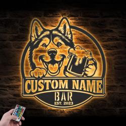 Custom Funny Huskador Thirsty Beer Pub Metal Wall Art LED Light