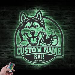custom husky malamute metal wall sign pub led light