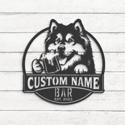 Custom Alaskan Malamute Thirsty Beer Pub Metal Wall Art LED Light