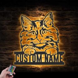 custom peeking norwegian forest cat wall art led light