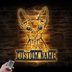 Custom Peeking Sphynx Cat Metal Wall Art LED Light