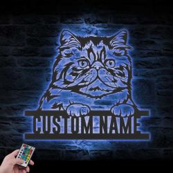 Custom Peeking Persian Cat Metal Wall Art LED Light