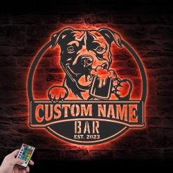 Custom Pitbull Thirsty Beer Pub Metal Wall Art LED Light