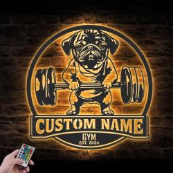 custom pug dog lifting weight wall art led light