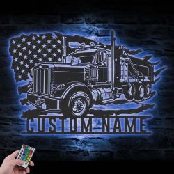 dump truck driver custom metal wall art led light trucker name sign home decor 3