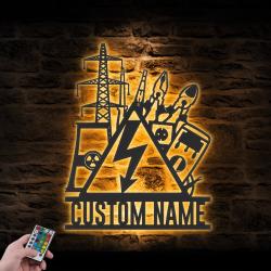 electrical lineman custom metal wall art led light engineer name sign 6